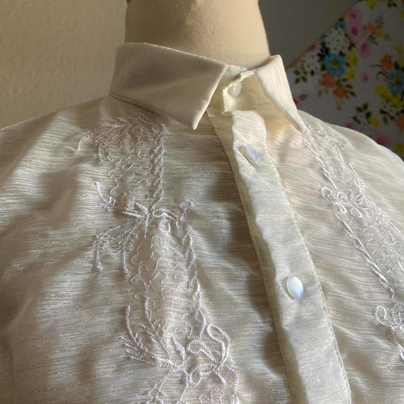 VINTAGE 90S  SHEER OFF WHITE TEXTURED 3/4 EMBROIDERED TOP size 14 - Picture 3 of 4